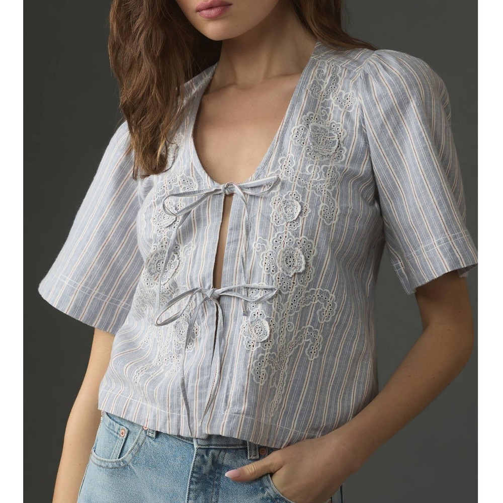 Pilcro Short Sleeve Boxy Tie Front Top Womens XL Embroidered Floral Cotton Linen
